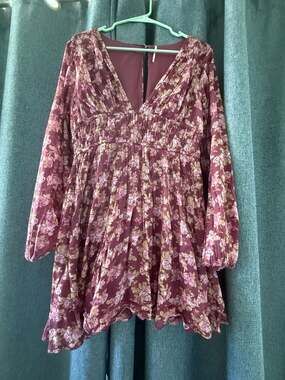 Free People Store Keep You Long Sleeve Cotton Mini Dress Berry Combo